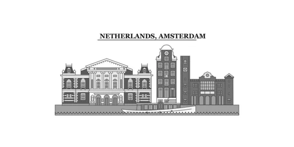Нидерланды Амстердам Изолированные Горизонты Векторные Иллюстрации Путешествия Ориентир — стоковый вектор