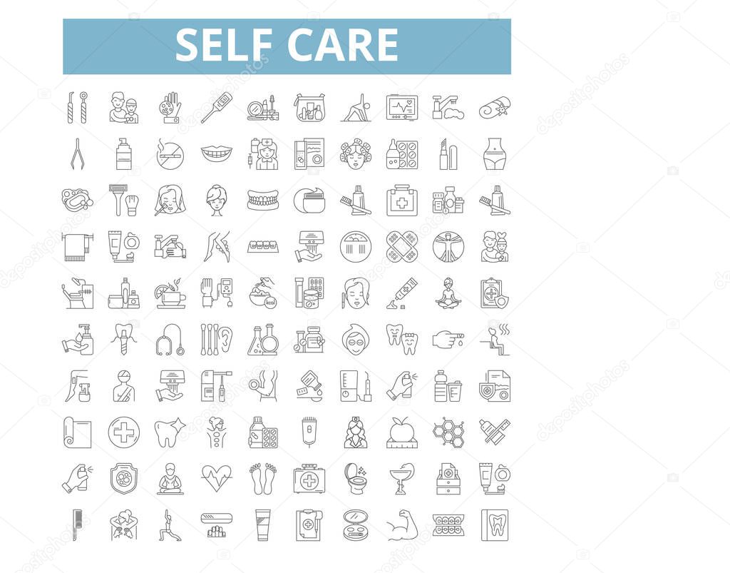 Self care icons, line signs, web symbols set, vector isolated illustration