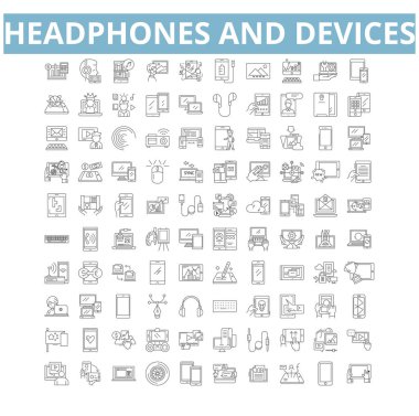 Headphones and devices icons, line signs, web symbols set, vector isolated illustration