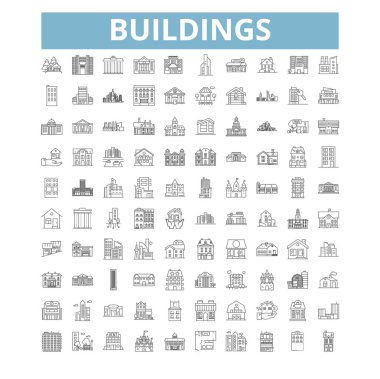 Buildings icons, line signs, web symbols set, vector isolated illustration
