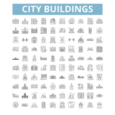 City buildings icons, line signs, web symbols set, vector isolated illustration