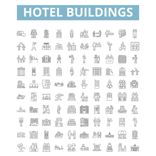 Іконки Готельних Будівель Лінійні Знаки Набір Веб Символів Векторні Ізольовані — стоковий вектор
