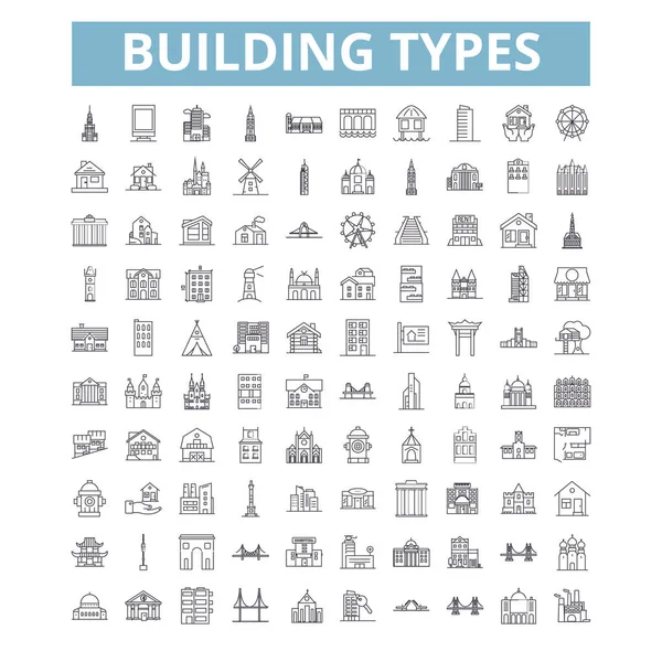 Building Types Icons Line Signs Web Symbols Set Vector Isolated — Stockový vektor