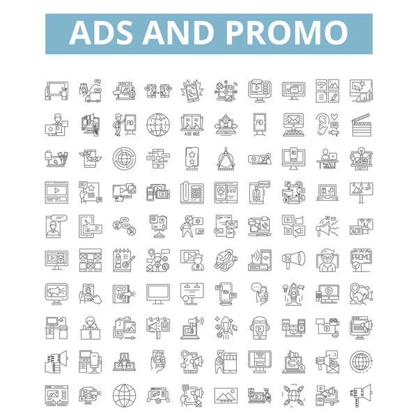 Ads Promo Icons Line Signs Web Symbols Set Vector Isolated — 스톡 벡터