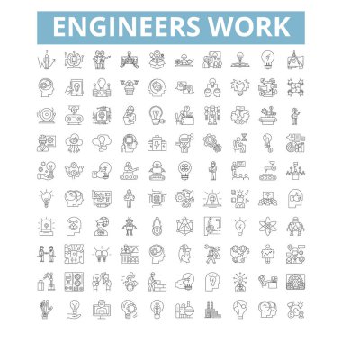 Engineers work icons, line signs, web symbols set, vector isolated illustration