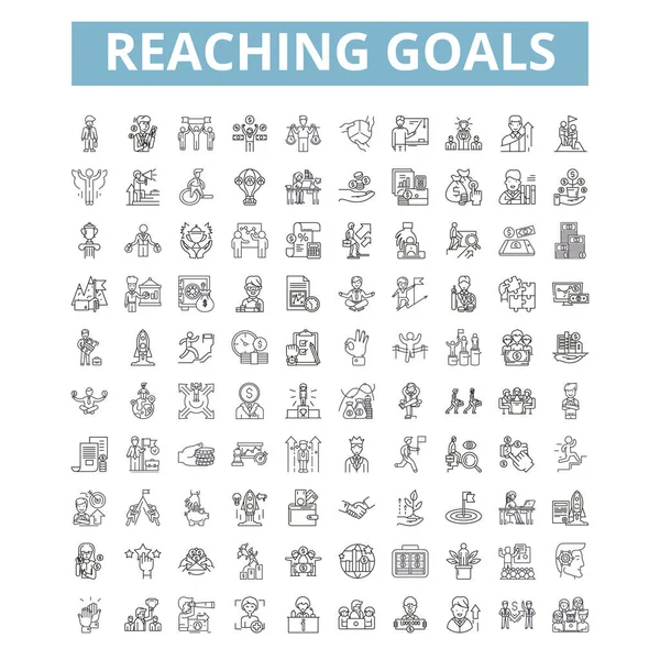 Reaching goals icons, line signs, web symbols set, vector isolated illustration