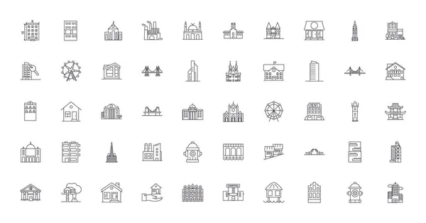 Buildings Set Concept Illustration Linear Icons Line Signs Set Vector — стоковый вектор
