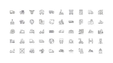 Logistics concept illustration, linear icons, line signs set, vector set