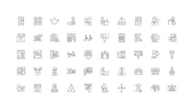 Investment management concept illustration, linear icons, line signs set, vector set