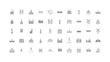 Famous landmarks concept illustration, linear icons, line signs set, vector set