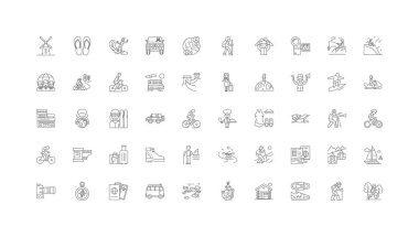 Traveling people concept illustration, linear icons, line signs set, vector set