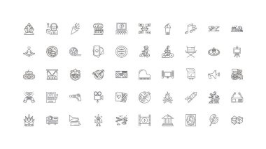 Entertainment concept illustration, linear icons, line signs set, vector set
