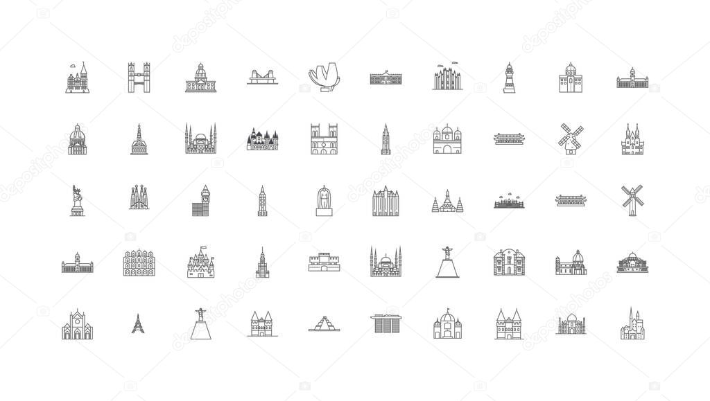 Famous landmarks concept illustration, linear icons, line signs set, vector set