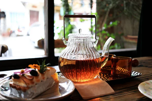 Set Afternoon Tea Consist Pot Tea Piece Cake Cafe — Stock Photo, Image