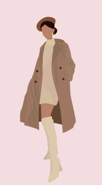 Uzun bacaklı genç bir kızın vektör düz çizimi. Sonbahar görüntüsünde yağmurluk, uzun botlar ve örgü bir elbise giymiş bir kız. Kartlar, posterler, arka planlar, şablonlar, tekstil, avatarlar için tasarım.