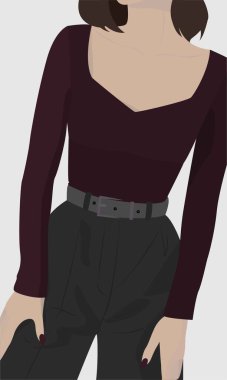 Süveter ve pantolon giyen bir kız. Karanlık sonbahar-bahar havası. Vektör düz çizim. Kartlar, posterler, arka planlar, şablonlar, tekstil, avatarlar için tasarım.