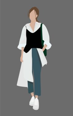 Sıradan giysili bir kızın düz bir yansıması. Kot pantolon, gömlek, spor ayakkabı, kazak ve çanta giyen genç bir bayan. Parlak sonbahar ve bahar manzarası. Avatarlar, posterler, şablonlar için tasarım.