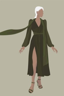 Beyaz saçlı kız. Açık yeşil elbise ve eşarp. Yeşil ayaklı kadın. Vektör düz çizim. Kartlar, avatarlar, posterler, şablonlar, tekstil, arkaplanlar için tasarım.