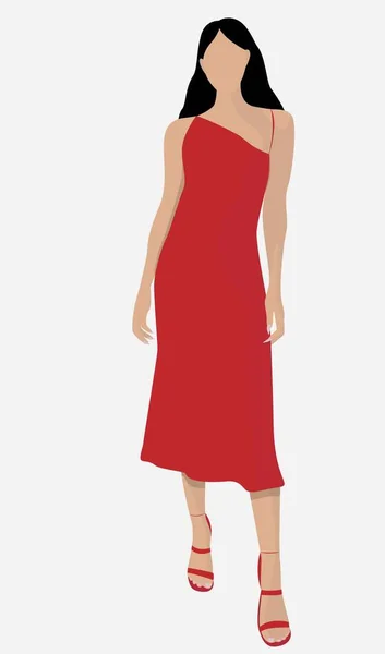 Dziewczyna Czerwonej Sukience Sandałach Czarne Luźne Włosy Wektor Płaska Ilustracja — Wektor stockowy