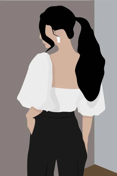 Una Chica Con Pelo Largo Negro Una Cola Caballo Camisa — Vector de stock