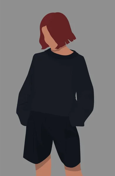 Une Fille Avec Carré Rouge Dame Pull Noir Short Illustration — Image vectorielle