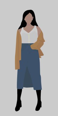 Siyah dalgalı saçlı bir kız. Gri arkaplanı olan düz vektör çizimi. Hırkalı bir kadın, uzun kot bir etek, bluz ve siyah. Avatarlar, kartlar, şablonlar, tekstil için tasarım.