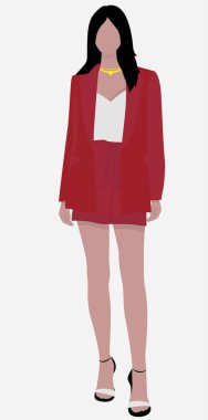 Bordo takım elbiseli siyah saçlı bir kız. Genç bir bayanın vektör düz çizimi. Şortlu, ceketli ve sandaletli bir iş kadını. Kartlar, posterler, arka planlar, avatarlar, şablonlar için tasarım.