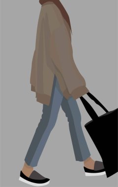 Siyah alışveriş çantalı genç bir kız. Kot pantolon ve bej bir kazak. Hafif kaygan ayakkabılar. Vektör düz çizim. Kartlar, posterler, arka planlar, şablonlar, tekstil, afişler için tasarım.