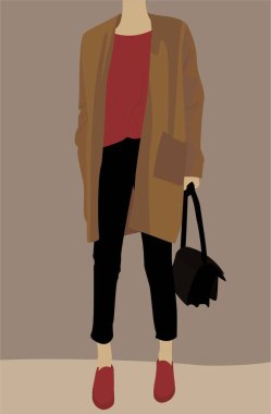 Siyah pantolonlu genç bir kızın vektör çizimi. Siyah çantalı, kırmızı tişörtlü ve bej hırkalı bir bayan. Kartlar, posterler, avatarlar, arka planlar, şablonlar, tekstil için tasarım.