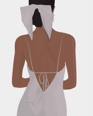 A charming girl in a light dress with an open back. Black hair gathered in a bun with a bow on the head. Vector flat illustration. Design for cards, posters, backgrounds, avatars, templates. clipart