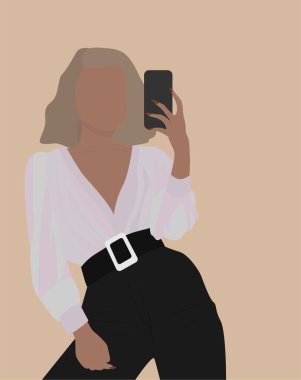 Açık renk hırkalı ve siyah pantolonlu bir bayan. Telefonlu sarışın bir kız. Ofis imajındaki bir kızın düz bir yansıması. Kartlar, posterler, arka planlar, şablonlar, avatarlar için tasarım.