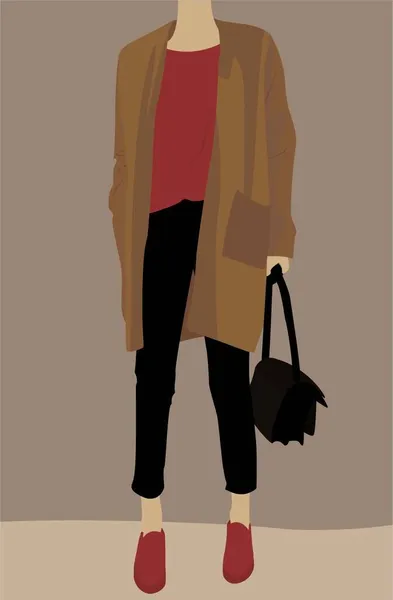 Ilustración Vectorial Una Joven Pantalones Negros Señora Con Una Bolsa — Vector de stock