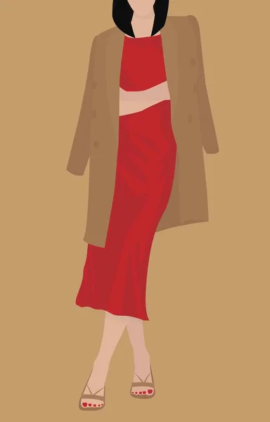 赤いドレス 茶色のジャケット サンダル 現代的なスタイルでベクトルフラット画像 夕方の夏のイメージ カード ポスター アバター テキスタイル テンプレートのデザイン — ストックベクタ