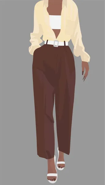 茶色のズボン 白い上 サンダル シャツの女の子 若い女性のベクトルフラットイメージ ビジネスイメージ アバター ポスター テンプレート ポストカードのデザイン — ストックベクタ