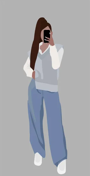 一位穿着宽牛仔裤 浅色靴子 白衬衫和灰色背心的年轻女士 一个带着尾巴的女士的矢量平面图像 明信片 纺织品的设计 — 图库矢量图片
