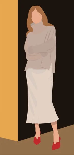 Sarı saçlı bir kızın düz görüntüsü. Açık saten etekli, gri kazaklı ve kırmızı ayakkabılı genç bir bayan. Kartlar, posterler, avatarlar, şablonlar, karikatürler için tasarım.