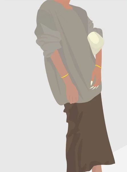 Une Jeune Femme Pull Gris Jupe Satin Avec Sac Blanc — Image vectorielle
