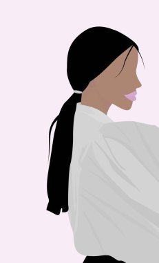 Uzun siyah saçlı, at kuyruklu bir kız. Gri gömlekli genç bir bayanın düz görüntüsü. Kartlar, posterler, arka planlar, avatarlar, şablonlar, tekstil için tasarım.