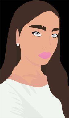 Beyaz ceketli, uzun kahverengi saçlı genç bir kızın portresi. Genç bir kadının vektör düz görüntüsü. Kartlar, posterler, arka planlar, şablonlar, avatarlar, tekstil için tasarım.