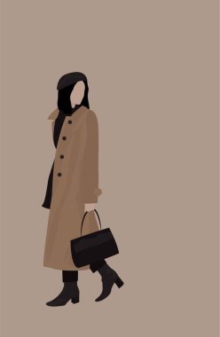 Sonbahar-bahar görüntüsünde bir kızın düz görüntüsü. Paltolu, bereli, atkısı, çantası ve çizmeleri olan bir bayan. Kartlar, posterler, arka planlar, avatarlar, şablonlar, tekstil için tasarım.