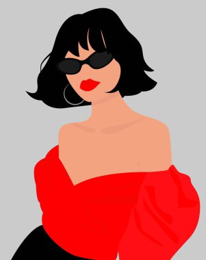 Kısa saçlı, gözlüklü, kırmızı dudaklı bir kız. Kırmızı bluzlu ve siyah etekli çekici bir kız. Avatarlar, posterler, arkaplanlar, şablonlar, kartlar, tekstil için vektör düz görüntü.