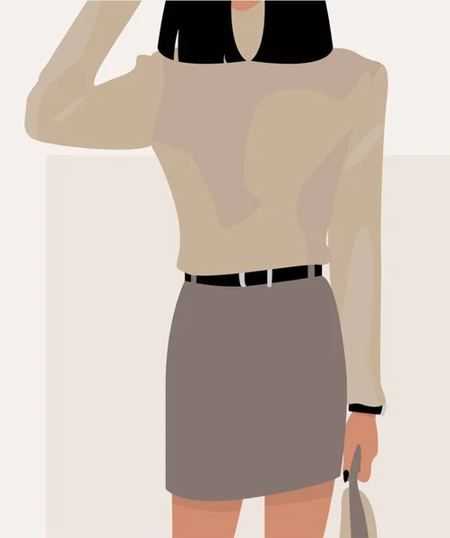 グレーのセーターに黒い髪の女の子のベクトルフラットイメージ 黒のベルトとバッグとグレーのスカート 現代の若い女性 アバター ポスター テンプレート カード テキスタイルのデザイン — ストックベクタ