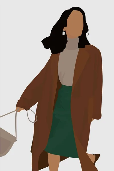 一个穿着外套的女孩的矢量平面图像 秋天和春天的衣服 女士穿裙子 毛衣和袋子 舒适的女性形象 纺织品 模板的设计 — 图库矢量图片