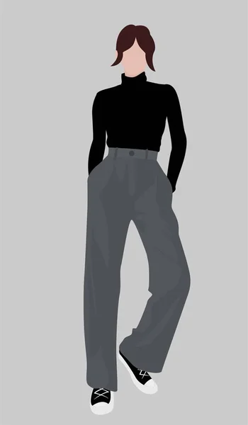 Bild Eines Jungen Mädchens Schwarzem Rollkragen Grauer Hose Schwarzen Turnschuhen — Stockvektor