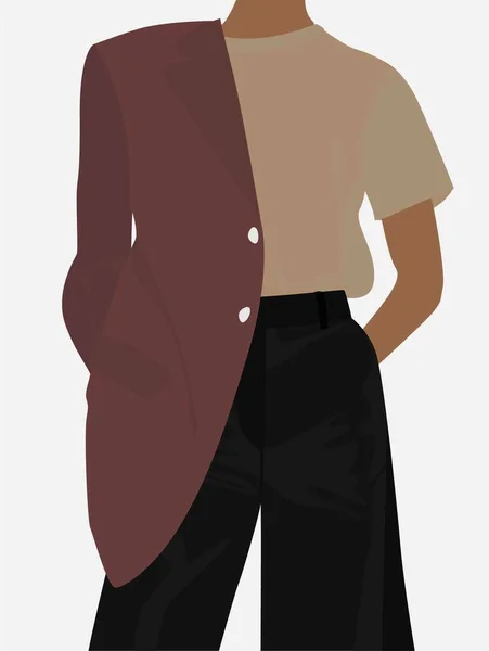 一个现代风格的女孩的矢量平面形象 一个穿T恤 裤子和夹克的女孩卡片 虚拟标志 纺织品 横幅的设计 — 图库矢量图片