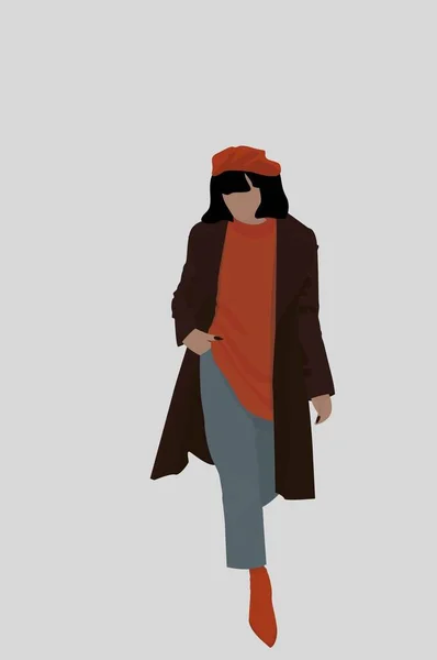 オレンジ色のビレット セーター 明るいブーツ ジーンズ 茶色のコートの若い女性 秋のイメージの明るい若い女の子 カード ポスター アバター テキスタイルのデザイン — ストックベクタ