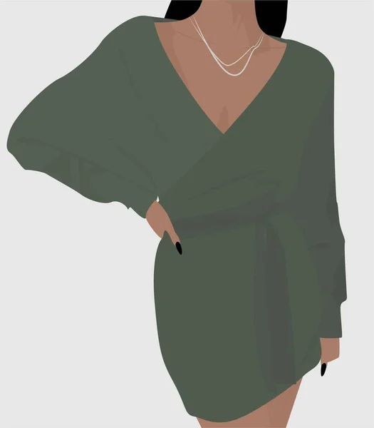 Ein Mädchen Einem Warmgrünen Kleid Mit Gürtel Silberner Kette Den Vektorgrafiken