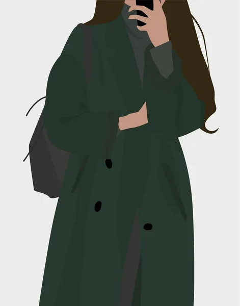 Vektor Flaches Bild Eines Mädchens Einem Grünen Langen Mantel Mit Vektorgrafiken