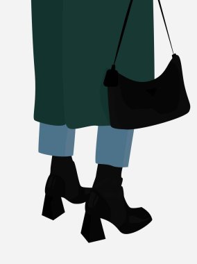 Vector flat image of a girl in an autumn spring outfit. Women's green long coat and jeans. Black boots and a bag. Design for cards, posters, backgrounds, templates, textiles.