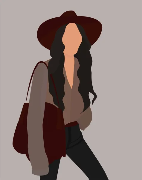 Vector Flat Image Young Girl Long Dark Hair Large Brim —  Vetores de Stock